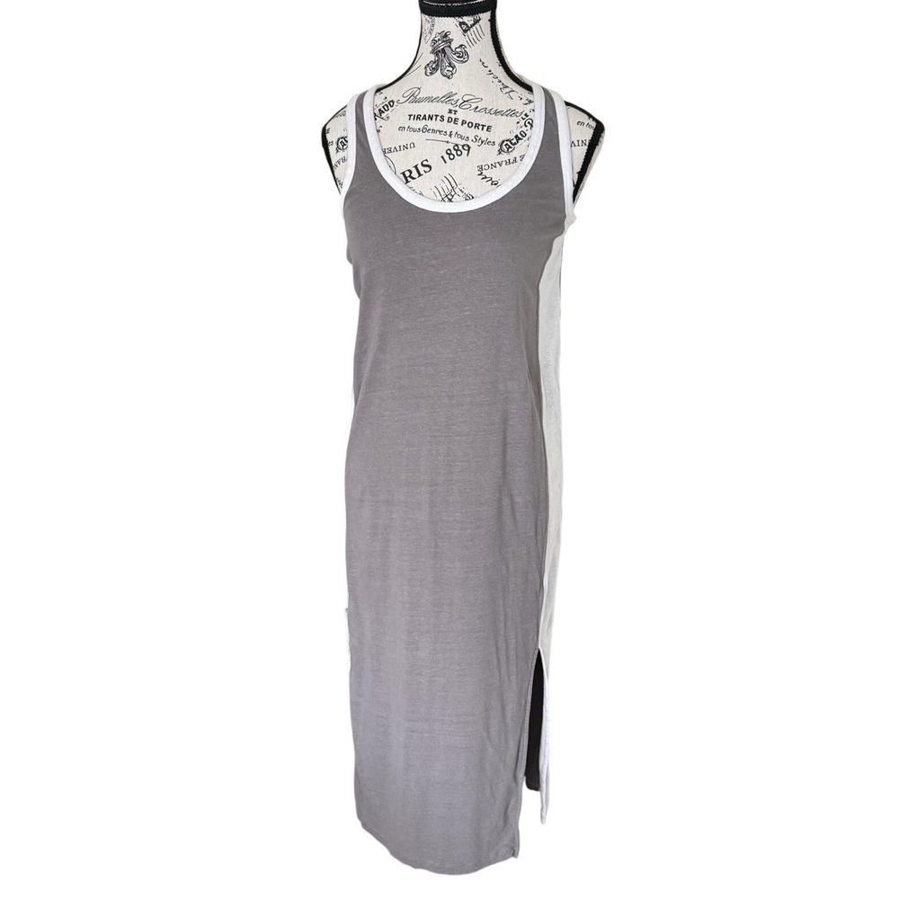Gray Cream Bodycon Maxi Dress Women's XS Cotton Sleeveless Stretch Casual Chic